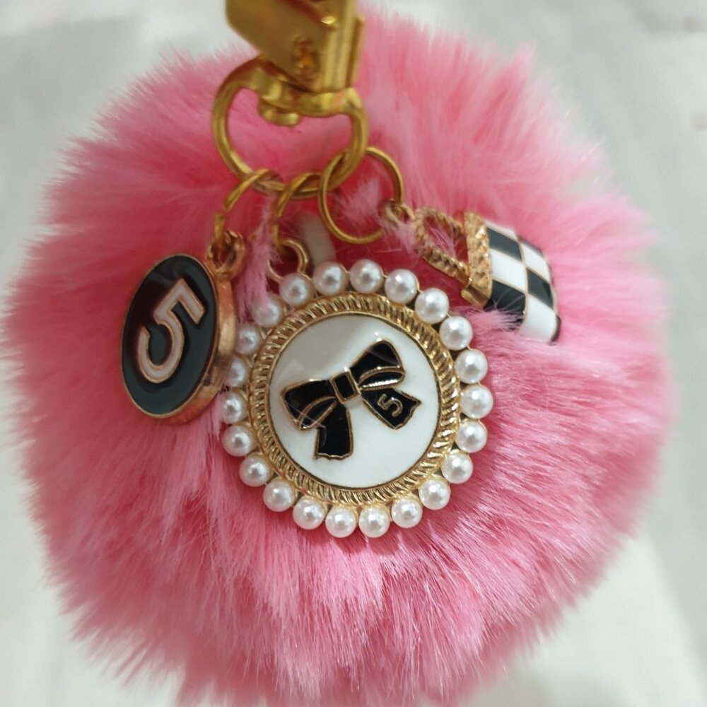 Women Pink Charms Pom Pom Key Chain Key Ring Handbag Purse Pendant Accessory